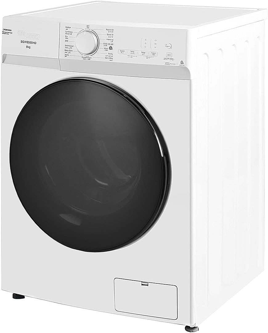 Super General 8 kg Front Loading Washing Machine SGW-8500-HD, 1400 RPM Washer, Energy-efficient, Hidden LED-Display, Silver, 15 Programs, 1 Year Warranty