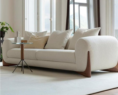 Italian Design Living Room Teddy Sofa Upholstered White Boucle Fabric Solid Canaletta Walnut Feet Luxury Lambwool Sofa