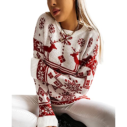 Women Sweater Christmas Oversized Pullover Sweaters Reindeer Snowflake Graphic Long Sleeve Crew Neck Knit Tops