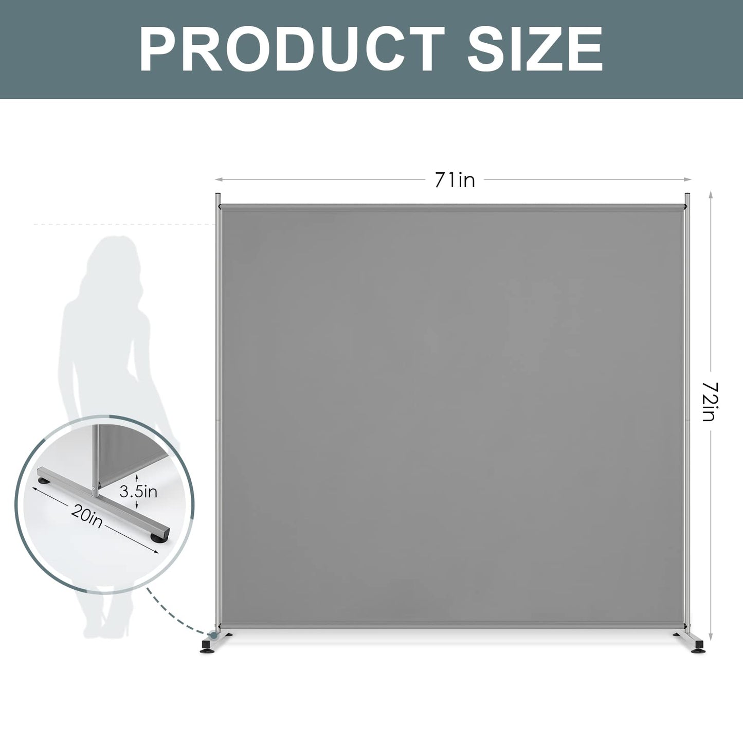 RANTILA Single Large Panel Room Divider, Privacy Screen for Office, Partition Separators, Freestanding Divider 71''W x 71''H, Grey