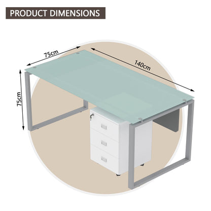 Mahmayi Carre Modern Workstation- Office Furniture with Steel Square Metal Legs, Silver Modesty Panel, Wood 3 Drawer Mobile Storage Unit, Tempered Glass Top for Office Executives, Home (140CM, White)