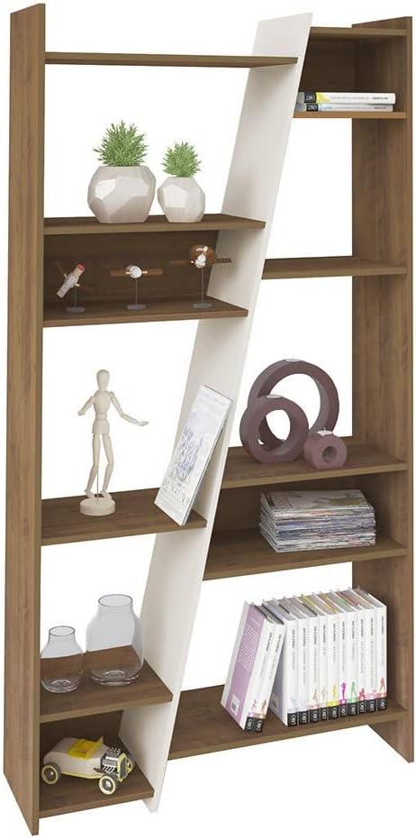 Artely Zap Bookcase, 11 Organizer Shelves; Pine Woody Brown With Off White - W 93 cm X D 30 cm X H 179 cm, Pine Brown/Off White