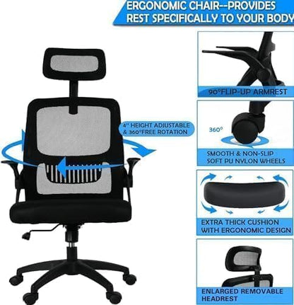 Peng General Ergonomic Office Chair, Home Mesh Office Desk Chairs with Wheels, Computer Task Chair for Adults, 300 lb Capacity, Office Chair for Study and Work (White/Black)