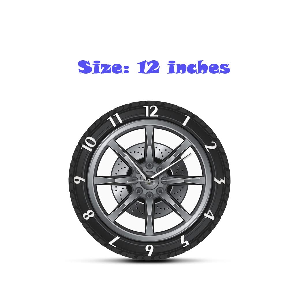 REVHQ 3D Big Wall Clock 3D Garage Wall Clocks Tire Rim Clock Silent Battery Operated Rubber Gear Decorative Clock for Automotive Mechanic Shop Car Enthusiasts Boys Bedroom Mute Wall Clock