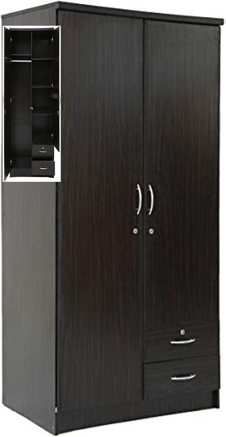 Furniture4Us 2 Door Wooden Wardrobe,Cabinet,Cupboard Of Engineered Wood with 2 Drawers Size (190x90x50 cm) Made in Thailand, F4US-622 (Dark Brown)