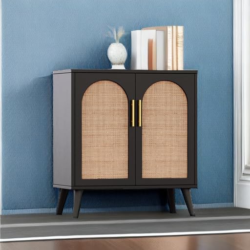 Rovaurx Rattan Storage Cabinet with Doors, Accent Bathroom Floor Cabinet, Modern Sideboard Buffet Cabinet for Living Room, Entryway, Dining Room and Kitchen, Black and Natural BMGZ108BM