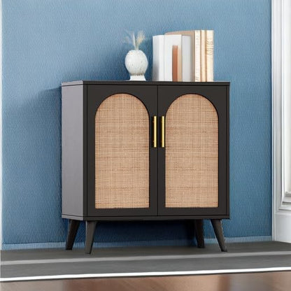 Rovaurx Rattan Storage Cabinet with Doors, Accent Bathroom Floor Cabinet, Modern Sideboard Buffet Cabinet for Living Room, Entryway, Dining Room and Kitchen, Black and Natural BMGZ108BM