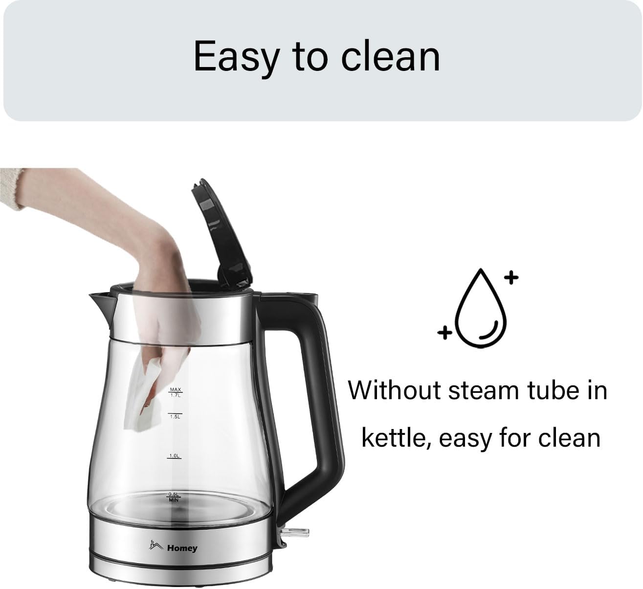 Homey Electric Glass Kettle 1.7L Capacity, 1850-2200W, Auto Shut-Off, Boil Dry Protection,Water Heater Kettle