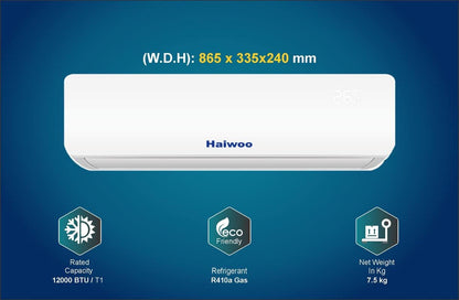 Haiwoo Air Conditioner 1 Ton Capacity 12000 BTU, T1 Highly Efficient Tropical Compressor, Golden Fin to Prevent Corrosion, Refrigerant:R410A, White