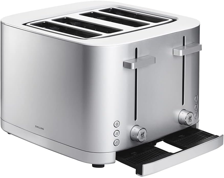 Zwilling Enfinigy Toaster 4 Slice Silver. 1000 watts. 8 separate heating elements. Soft lift & extra lift features. 7 browning levels. 3 automatic programmes: thaw, warm & bagel. Automatic shut-off.