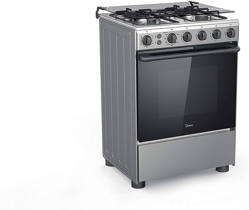 Midea 60x60cm Freestanding Cooker, Full Gas Cooking Range with 4 Burners, Automatic Ignition & Safety, Cast Iron Pan Support, Stainless Steel Finish, Separate Knob for Oven Grill, BME62058FFD-D