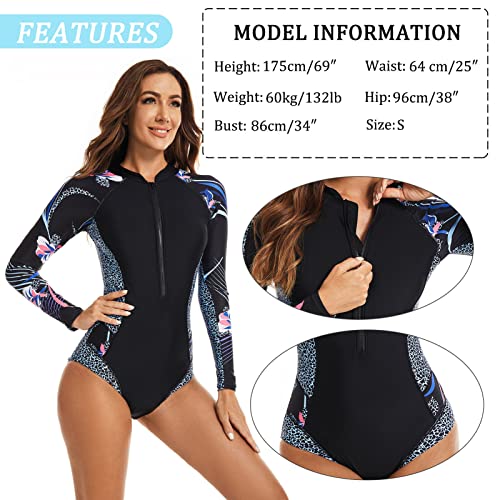 Maeau Women's Long Sleeve Rash Guard UV Protection Zipper Printed Surfing One Piece Swimsuit Bathing Suit