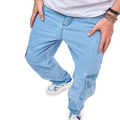 WEIBUMAOYI Men's Loose Fit Pants Relaxed-Fit Men Jeans Washed Oversize Straight Leg Carpenter Jean