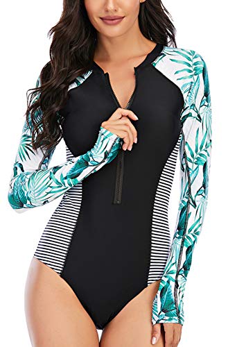 Maeau Women's Long Sleeve Rash Guard UV Protection Zipper Printed Surfing One Piece Swimsuit Bathing Suit