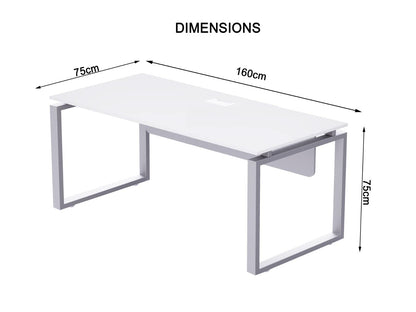 Mahmayi Carre Modern Workstation- Office Furniture with Steel Square Metal Legs, Silver Modesty Panel, Wood 3 Drawer Mobile Storage Unit, Tempered Glass Top for Office Executives, Home (140CM, White)