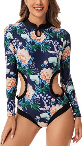 Maeau Women's Long Sleeve Rash Guard UV Protection Zipper Printed Surfing One Piece Swimsuit Bathing Suit