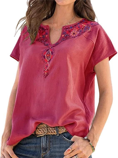 Womens Embroidered Top Blouses Casual Peasant Shirts Short Sleeve Floral Printed Bohemian Tshirts