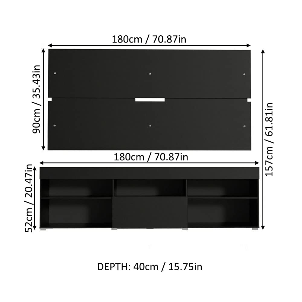 MADESA TV Stand with panel, for TVs up to 65 Inches, Wood, 180 x 157 x 40 Cm – Black