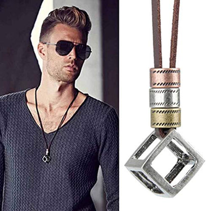 JczR.Y Leather Necklace for Men Double Circle Rings Leather Rope Pendant Necklace Punk Leather Chain Disc Ring Necklace Vintage Jewelry Gift