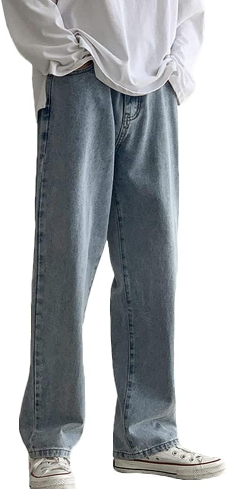 Rexcyril Men's Loose Fit Straight Leg Denim Jeans Baggy Wide Leg Plain Pants Trousers