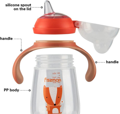 Fissman Training Cup, Toddler Drinkware with Spout, Spill Proof Sippy with Handle, Learner Cup For Kids Lightweight Bottle For Milk, Water, And Homemade Juice 260ml (Red Orange)