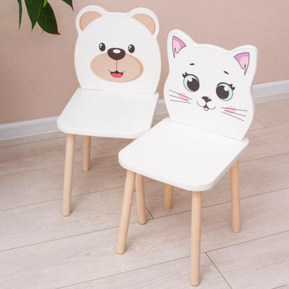 3-Piece Kids Wooden Table and Chair Set – White Play Table with 2 Chairs for Toddlers and Children – Ideal Study Table and Chair Set for Boys and Girls, Nursery Furniture (3, cat+bear)