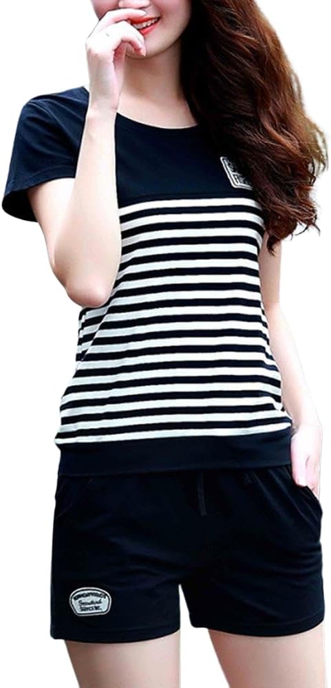 Women's Plus Size Stripe Sets 2 Piece Sports Wear Stripes Printed Short Sleeve Triple Color Round Neck Women Sportswear