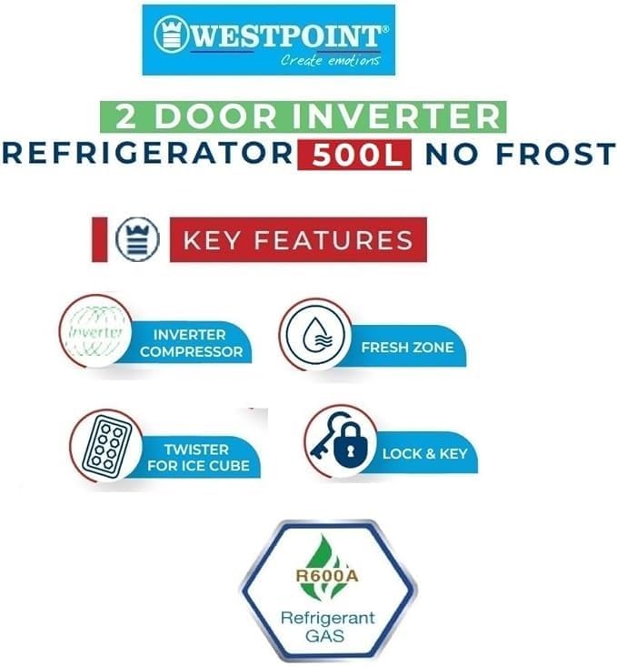 Westpoint 500 Liters Double Door NO FROST Refrigerator 4 Star ESMA RATED with INVERTER COMPRESSOR One Year Warranty Silver - WNN-5019EIV