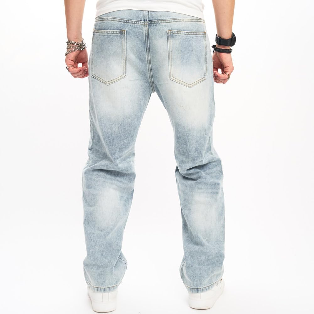 WEIBUMAOYI Men's Loose Fit Pants Relaxed-Fit Men Jeans Washed Oversize Straight Leg Carpenter Jean