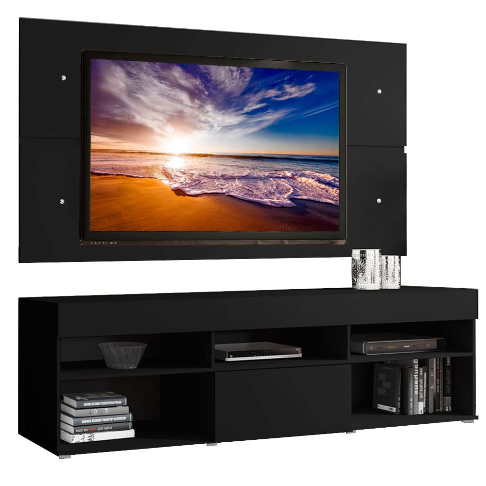 MADESA TV Stand with panel, for TVs up to 65 Inches, Wood, 180 x 157 x 40 Cm – Black