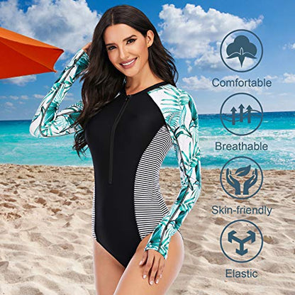 Maeau Women's Long Sleeve Rash Guard UV Protection Zipper Printed Surfing One Piece Swimsuit Bathing Suit