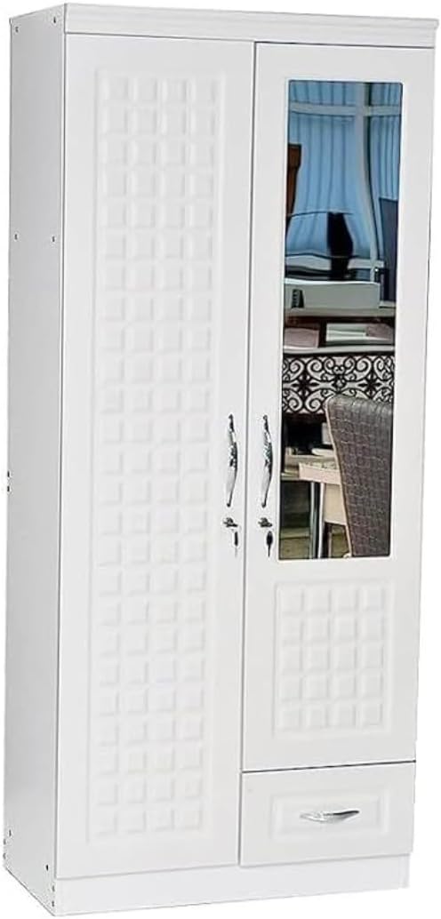 ALWASIT HOME Mehruddin 2 Door Wooden Wardrobe With Mirror with One Lockable Drawer (Without assembly, White)