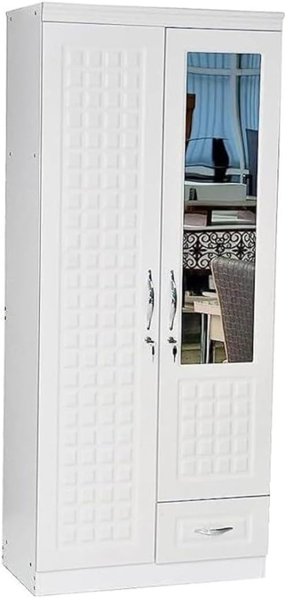 ALWASIT HOME Mehruddin 2 Door Wooden Wardrobe With Mirror with One Lockable Drawer (Without assembly, White)