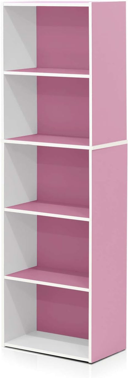 Furinno 5-Tier Reversible Color Open Shelf Bookcase, White/Pink 11055WH/PI