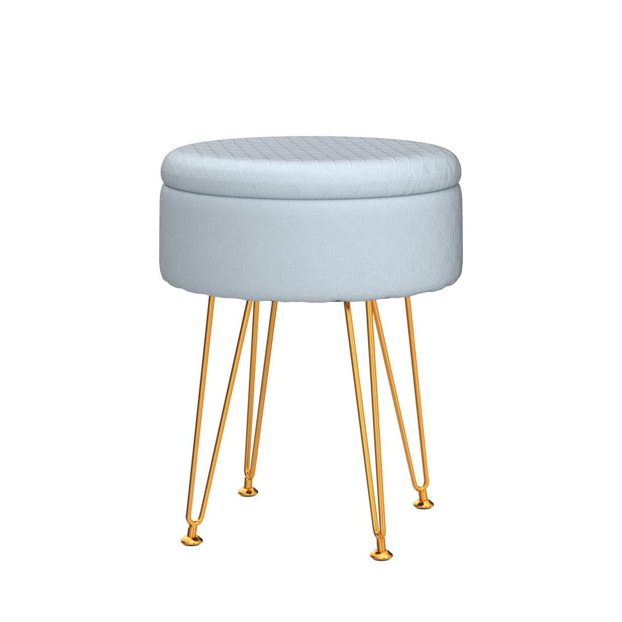 Cpintltr Footrest Footstools Round Velvet Ottoman with Storage Space Soft Vanity Chair with Memory Foam Seat Small Side Table Hallway Step Stool 4 Gold Metal Legs with Adjustable Footings Champagne