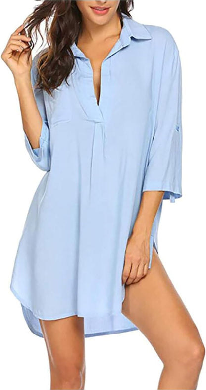 Women Plus Size Swimsuit Cover Up Shirt Deep V Neck Bikini Cover Up Solid Beach Dress