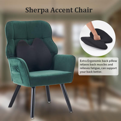 Deenziilix Modern Accent Chair, Mid-Century Velvet Armchair with Lumbar Pillow, Upholstered Tufted Comfy Chair, Single Sofa with Sturdy Wood Legs or Living Room/Bedroom/Office