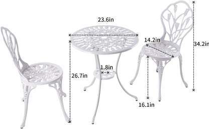 KAI LI Patio Bistro Sets 3 Piece cast Aluminum Patio Furniture Outdoor Garden Metal Rust Proof Tables and Chairs White bisrto Set (Big Tulip-White)