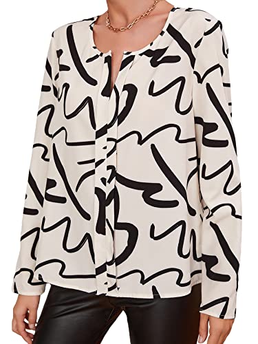 SHEIN Women's Graphic Long Sleeve Notched Neck Office Blouse Top Shirt