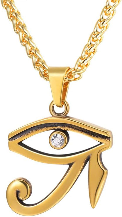 U7 Ancient Egyption Jewelry Stainless Steel 18K Gold Plated Eye of Horus Necklace, Ankh Cross Pendant, Men Women Fashion Jewelry with Chain 22 Inch, Send Gift Box