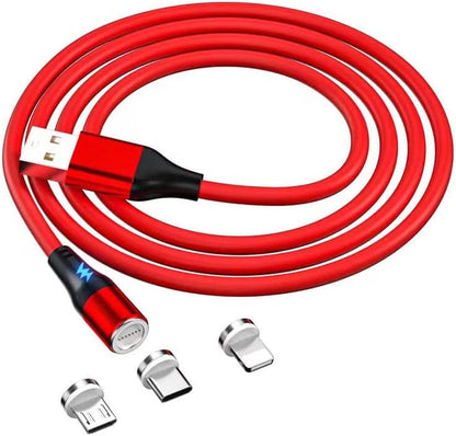 Fast Charging 3 in 1 Magnetic Phone Cable Type C Micro 8Pin USB Magnetic Fast Charging Data Cable (Red)