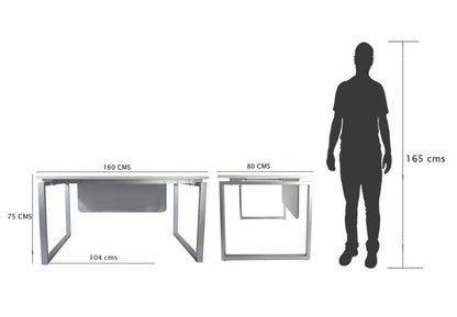 Mahmayi Carre Modern Workstation- Office Furniture with Steel Square Metal Legs, Silver Modesty Panel, Wood 3 Drawer Mobile Storage Unit, Tempered Glass Top for Office Executives, Home (140CM, White)