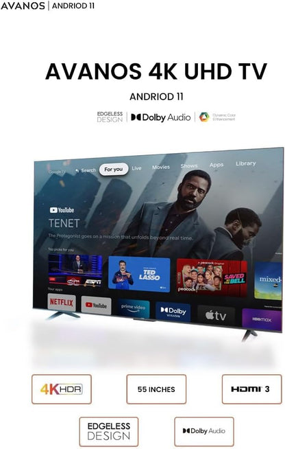 AVANOS LED Smart TV,55 Inch, 4K UHD Android 11.0, T2S2, A+ Screen, WiFi, Dolby Vision, Netflix, YouTube, Prime Video, HDMI, USB (EDGELESS FRAME) (55)