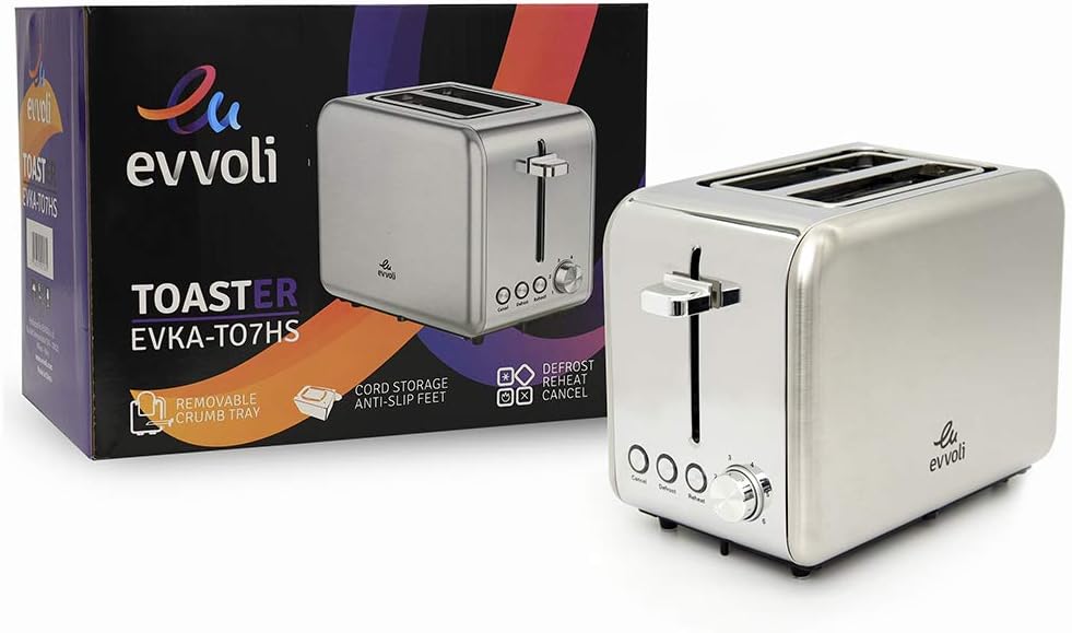 evvoli 2 Slice Toaster With 6 settings Stainless steel Removable Crumb Tray EVKA-TO7HS, Silver