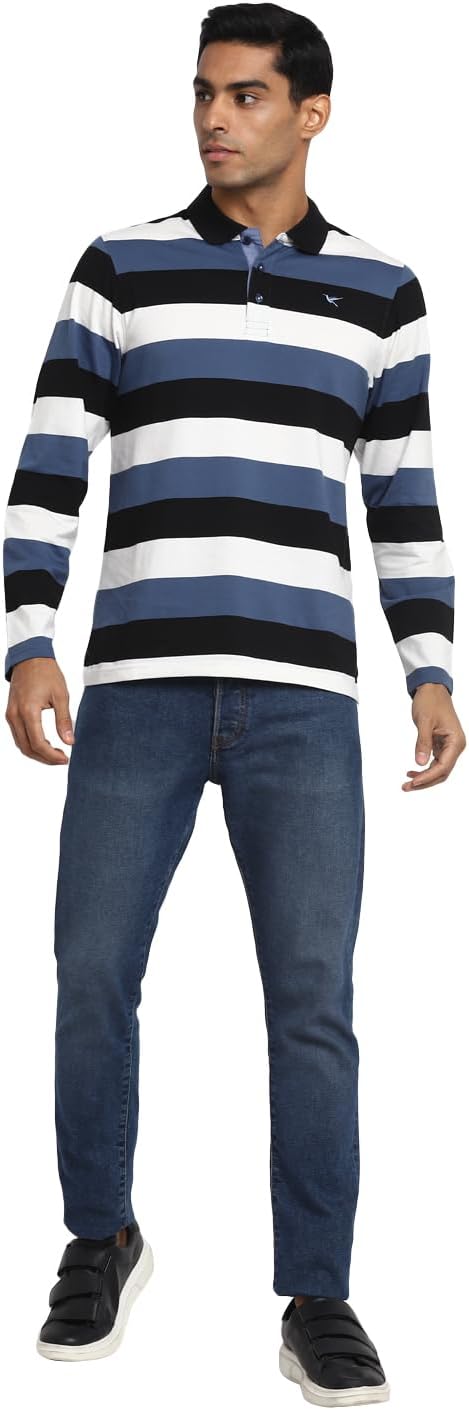 Deniklo Men's Polo Collar Full Sleeves Striped T-Shirt with Embroidery DK 240