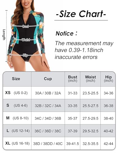 Maeau Women's Long Sleeve Rash Guard UV Protection Zipper Printed Surfing One Piece Swimsuit Bathing Suit