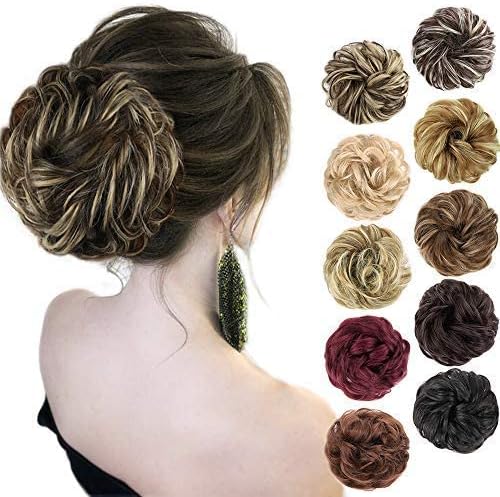 MORICA 1PCS Messy Hair Bun Hair Scrunchies Extension Curly Wavy Messy Synthetic Chignon for Women (12AH613(Light Golden Brown & Lightest Blonde))