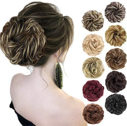 MORICA 1PCS Messy Hair Bun Hair Scrunchies Extension Curly Wavy Messy Synthetic Chignon for Women (12AH613(Light Golden Brown & Lightest Blonde))