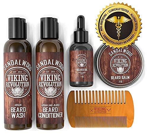 Viking Revolution Beard Grooming Kit for Men- Ultimate Beard Kit Includes 100% Boar Beard Brush, Beard Comb, Citrus Beard Balm, Unscented Beard Oil, Beard & Mustache Scissors