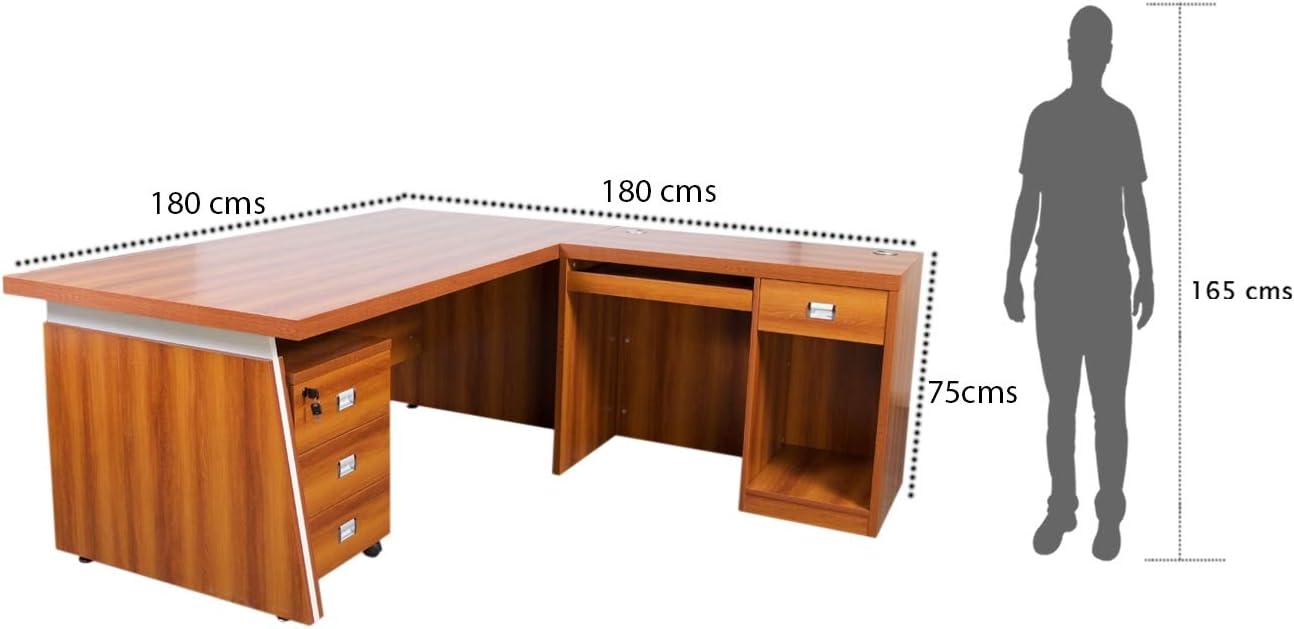 Mahmayi Zelda M225-16 Modern Executive Desk with Check Writing Ledge, Underneath Storage Cubby, Locking Drawer, and Storage Cabinet - Office Furniture for Productivity - Walnut/White (160cm)